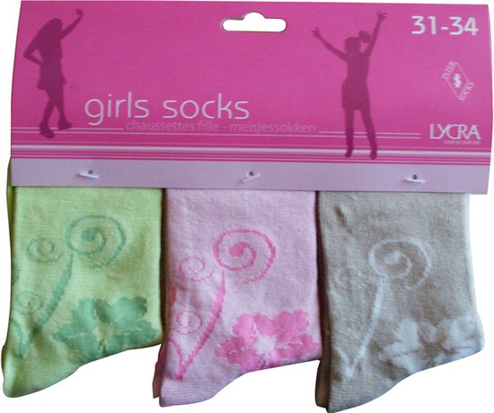 Meisjes sokken - katoen 6 paar - ornament - maat 31/34 - assortiment groen/roze/beige - naadloos