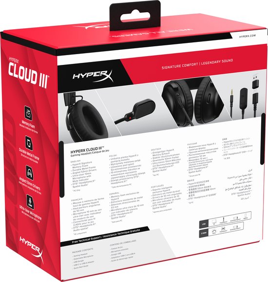Achterkant van de verpakking van de HyperX Cloud III gaming headset met productinformatie en compatibiliteitslogo's.