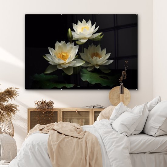 MuchoWow® Peinture sur verre 150x100 cm - Peinture sur verre acrylique - Lotus - Fleurs - Wit - Nature - Zwart - Photo sur verre - Peintures