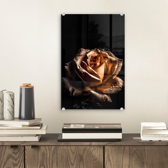 MuchoWow® Peinture sur verre - Rose - Or - Fleurs - Botanique Zwart - 20x30 cm - Peintures sur verre acrylique - Photo sur Glas