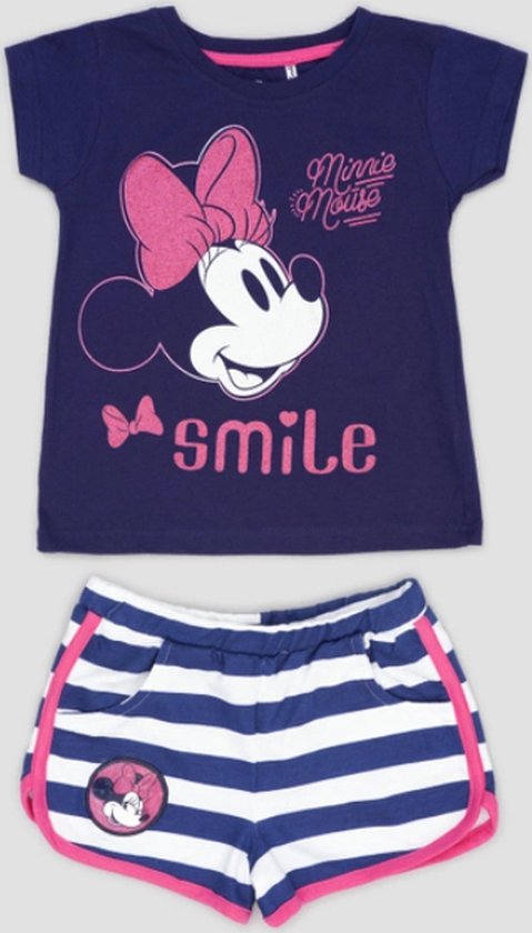 Disney Minnie Mouse - Ensemble d'été - bleu/rose - paillettes - 100% coton French Terry - taille 98