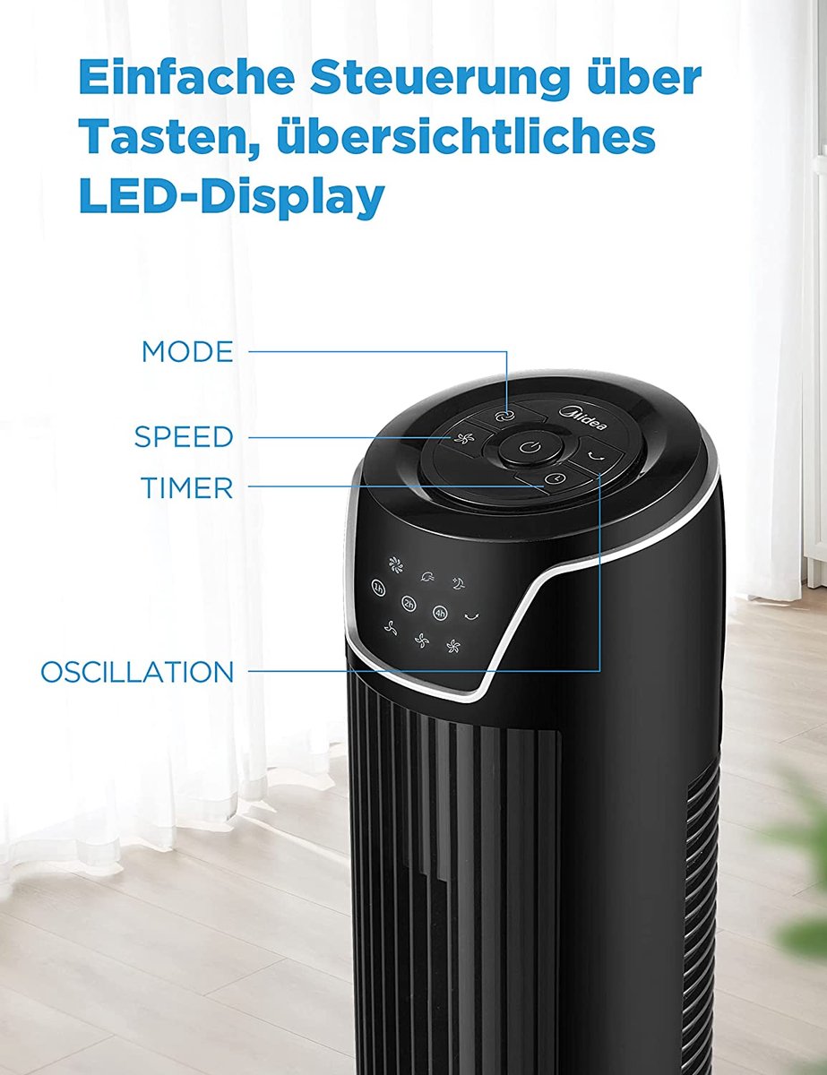 Midea MFS400M0APW0 Staande ventilator, 40 W, in hoogte verstelbaar, stille ventilator met afstandsbediening, 3 snelheden, oscillatie 85 graden, hoogte verstelbaar van 1,1 tot 1,3 meter, kleur wit