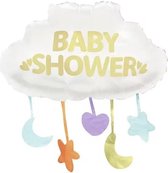 Grand ballon en aluminium Baby Shower Cloud blanc avec des lettres dorées avec des lunes, une étoile et un cœur - feuille - ballon - baby shower - enceinte - naissance - nuage - nuage - sexe révéler