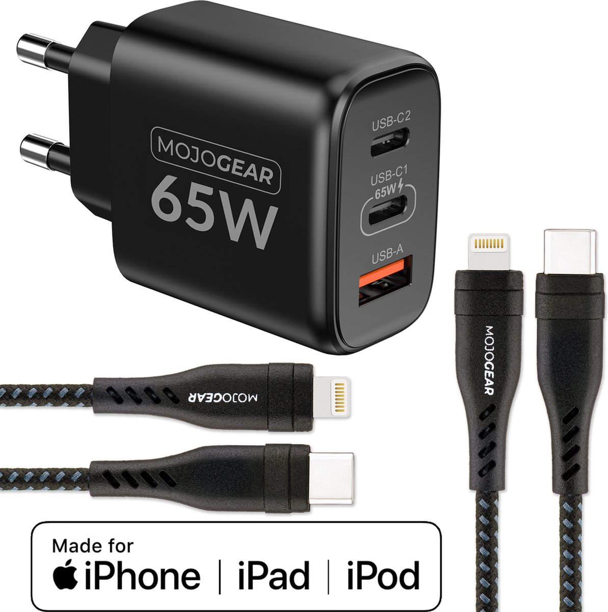 MOJOGEAR CHARGE+ 65W snellader met 2x Lightning naar USB-C kabel - Geschikt voor snelladen iPhone 11/12/13/14 met USB Power Delivery