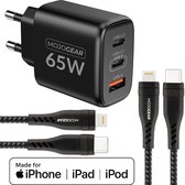 Chargeur rapide MOJOGEAR CHARGE+ 65W avec 2x câble Lightning vers USB-C - Convient pour charger rapidement iPhone et iPad avec USB Power Delivery