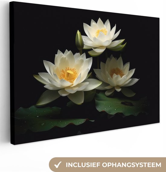 Canvas Schilderij Lotus - Bloemen - Wit - Natuur - Zwart - 120x80 cm - Wanddecoratie