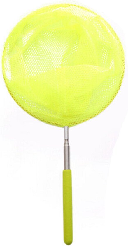 Lichtgeel vlindernet met telescopische metalen steel en groen handvat, 36 tot 67 cm lang.