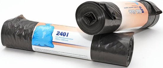 Zwarte afvalzakken op rol, 2401 met perforatie 1000 x 1250 mm, met blauw symbool van een zak.