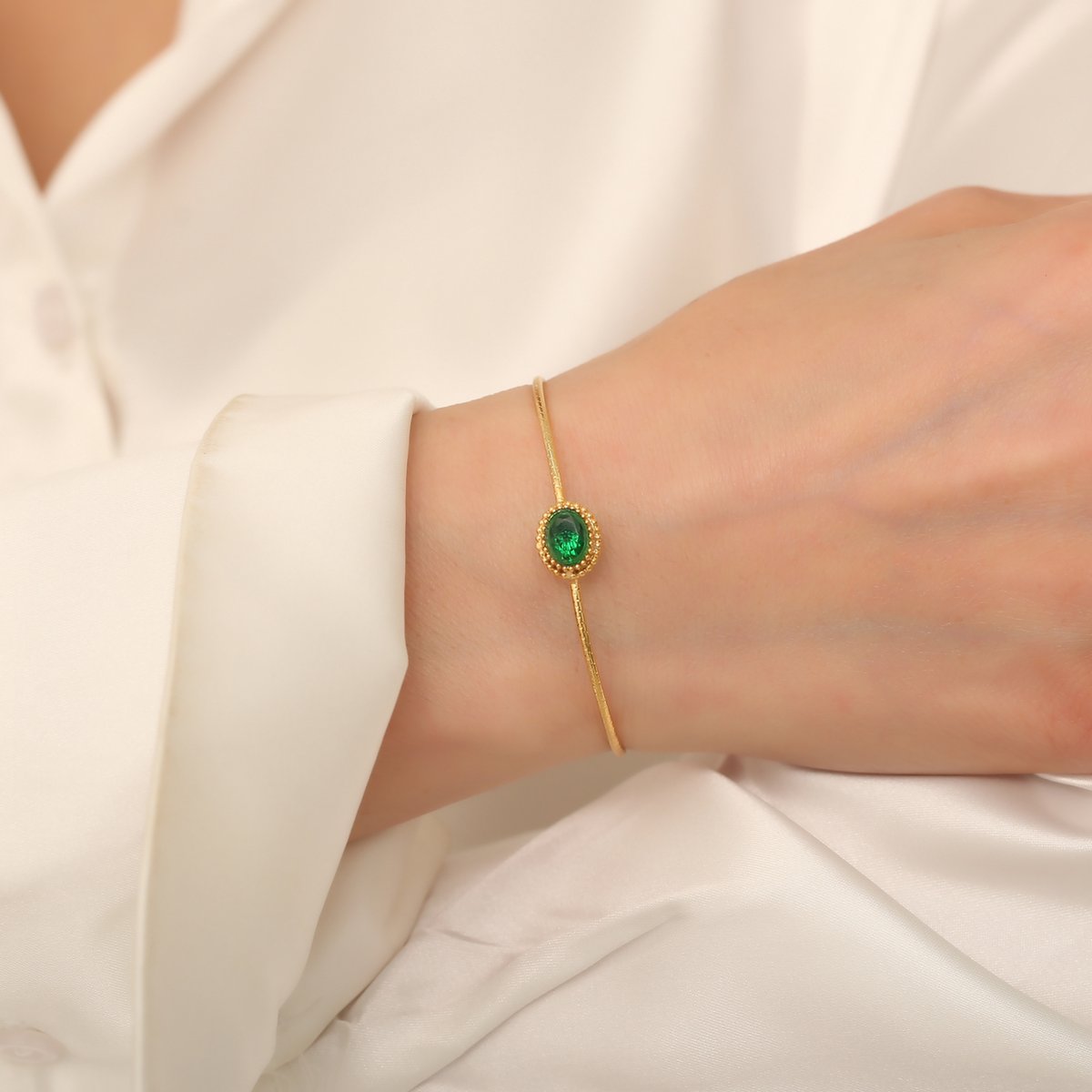 Hare Design Zirkonia Groen Stenen Armband Gecombineerde Armband Goud Vergulde - Handgemaakte Luxe Sieraden