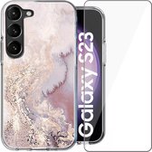 Hoesje geschikt voor Samsung Galaxy S23 - Screen Protector Glas - Back Cover Marmer Siliconen Case Roze & Screenprotector