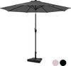 Grijze parasol, open, met zwarte paal en voet.