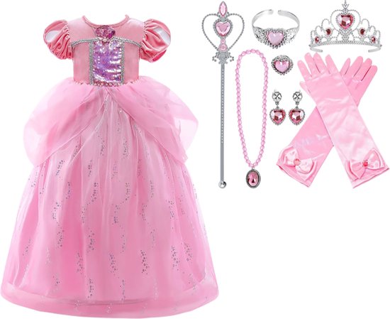 Prinsessenjurk meisje - Prinses - Roze - 134/140 + Tiara (Kroon) / Toverstaf + Juwelen + Handschoenen - verkleedkleren