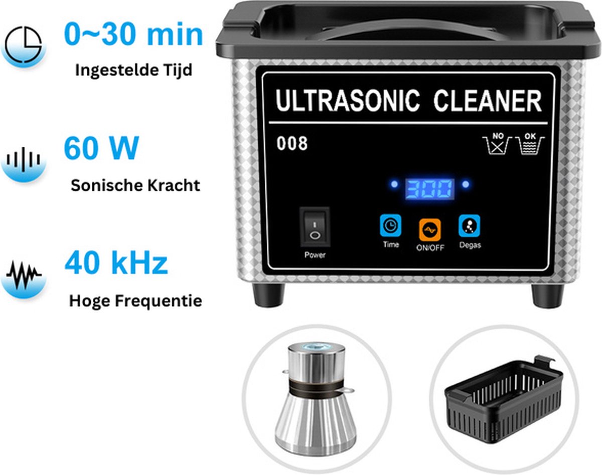 Ultrasoon reiniger - 800ml - 40kHz - 60w - 18 reinig programmas