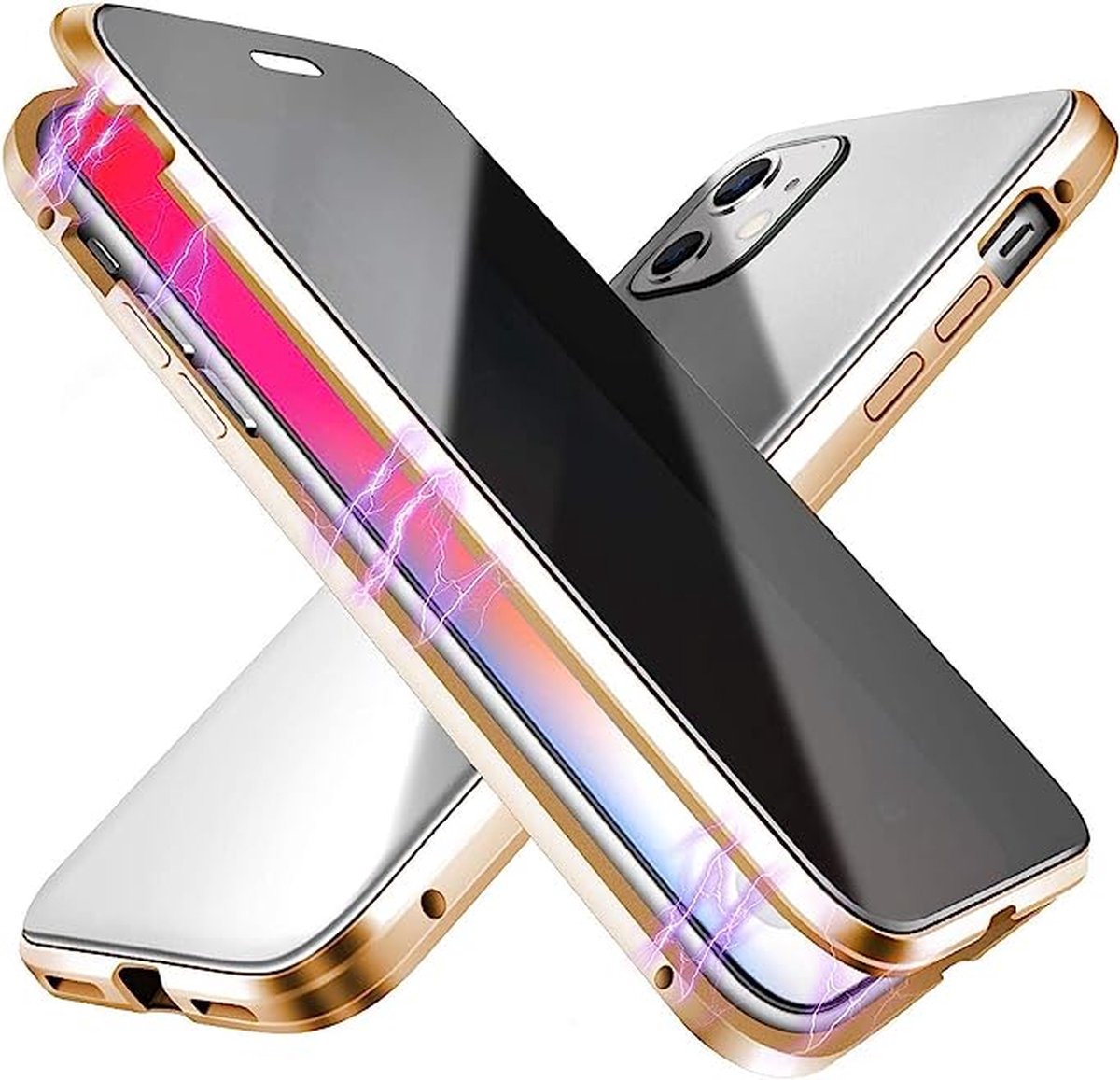 Fiquesa Autri® - Iphone 12 hoesje - goud - privacy scherm - Dubbelzijdig glas protector - metalen bumper