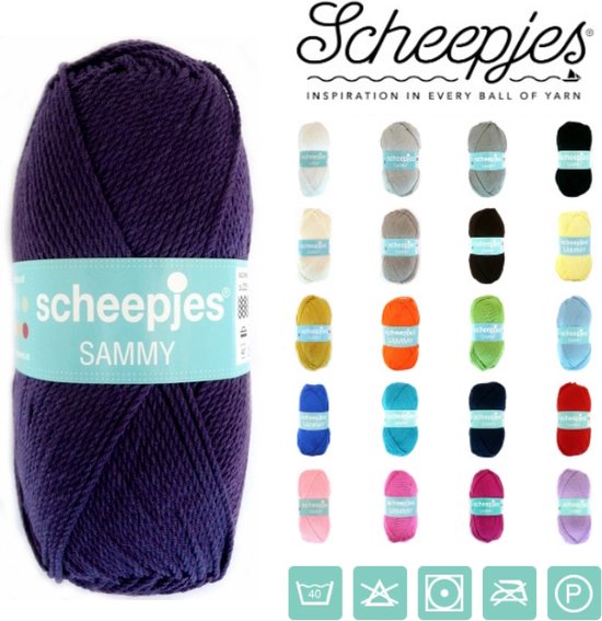 Pelote de fil Scheepjes Sammy violette avec une bande montrant des options de couleurs.