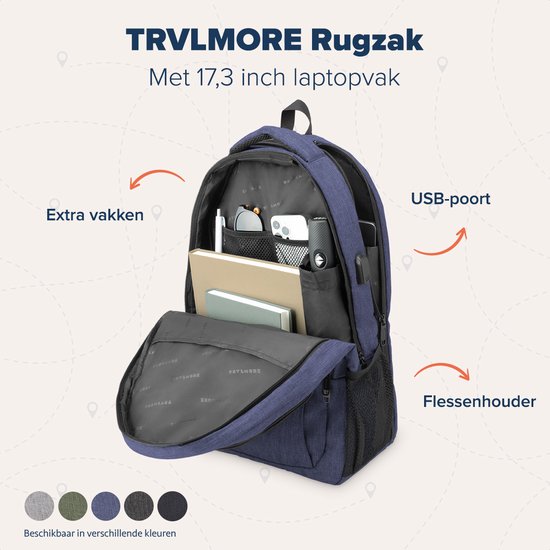 TRVLMORE Rugzak - 36L - 17,3 inch - Laptop Rugtas - Schooltas - Unisex - Spatwaterdicht - Levenslange Garantie - Blauw