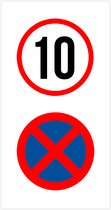Pictogram/ bord | Stapvoets rijden max/10 km/u - parkeren en stilstaan verboden | 20 x 40 cm | Traag rijden | Gevaar | Recreatie | Wandelaars | Privé weg | Garage | Ondergrondse parking | 1 mm | 1 stuk
