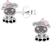 Joy|S - Zilveren koe oorbellen - 6 x 9 mm - grijs met roze strikje - kinderoorbellen
