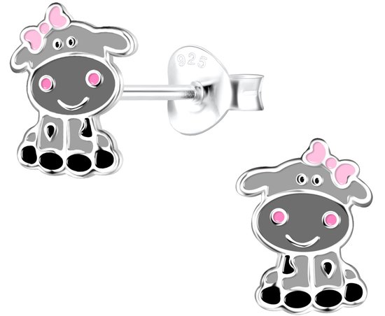 Joy|S - Zilveren koe oorbellen - 6 x 9 mm - grijs met roze strikje - kinderoorbellen