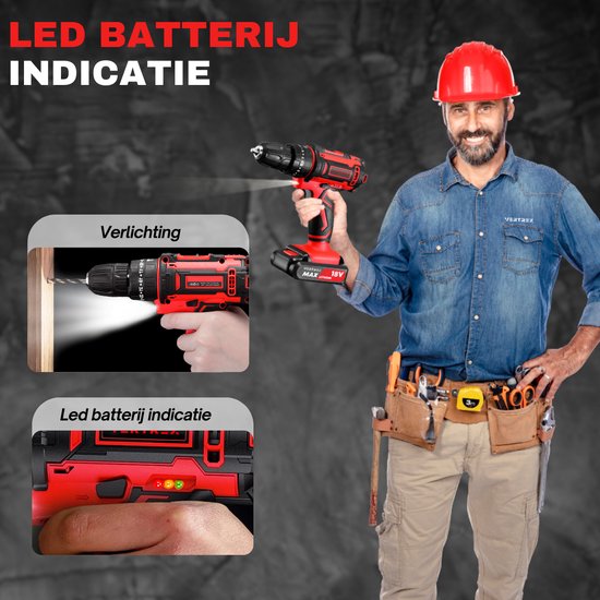 Man met rode helm, met VERTREX 18V accuboormachine. LED batterij indicatie en verlichting.