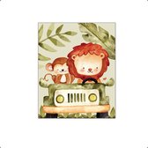 PosterDump - Poster Aapje en Leeuw in de Jeep in de Jungle - Jungle / Safari Poster - Kinderkamer / Babykamer - 70x50cm
