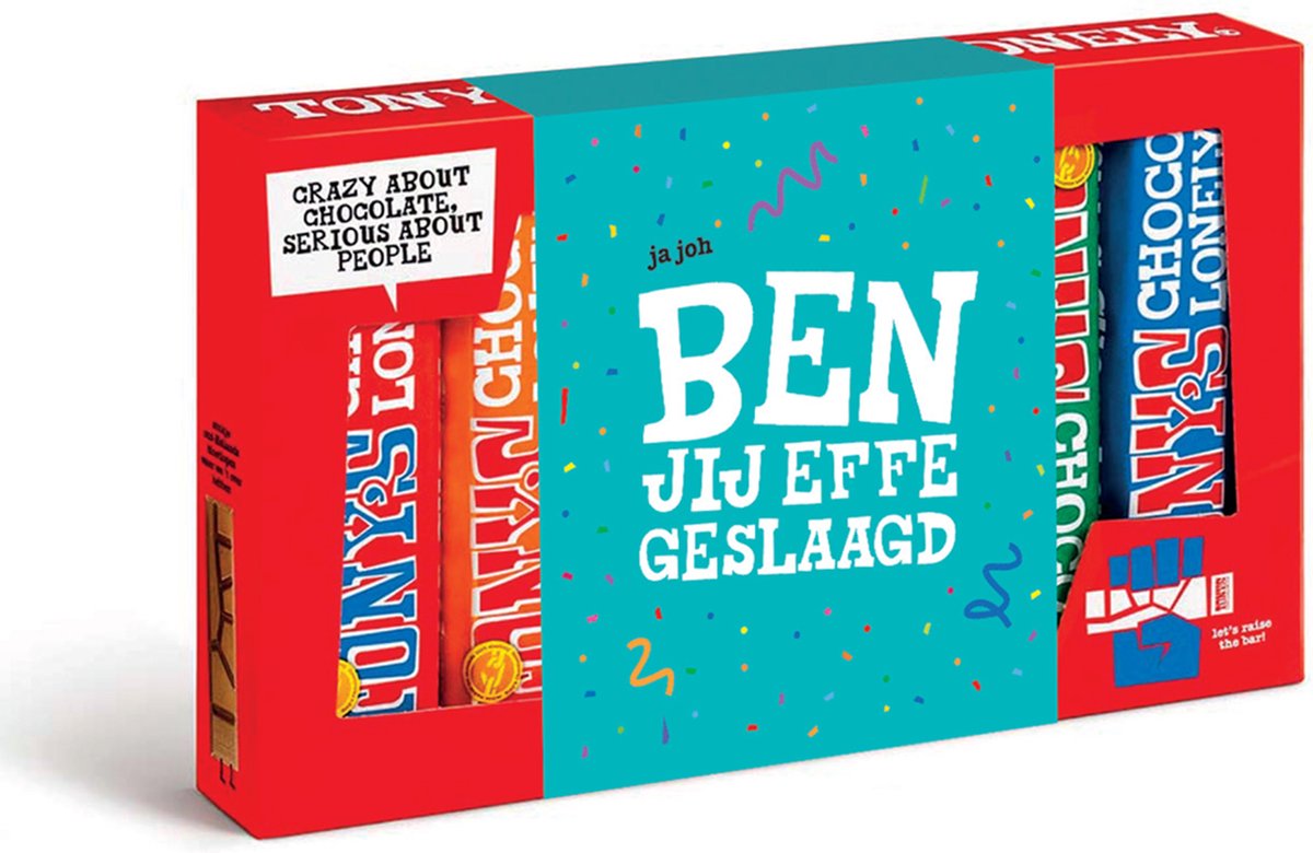 Tony's Chocolonely Geslaagd Chocolade Proeverijtje Geschenkdoos Verjaardag Cadeau Vrouw of Man 6 Fairtrade Chocola Repen 288 gram Geschenkset voor Man en Vrouw