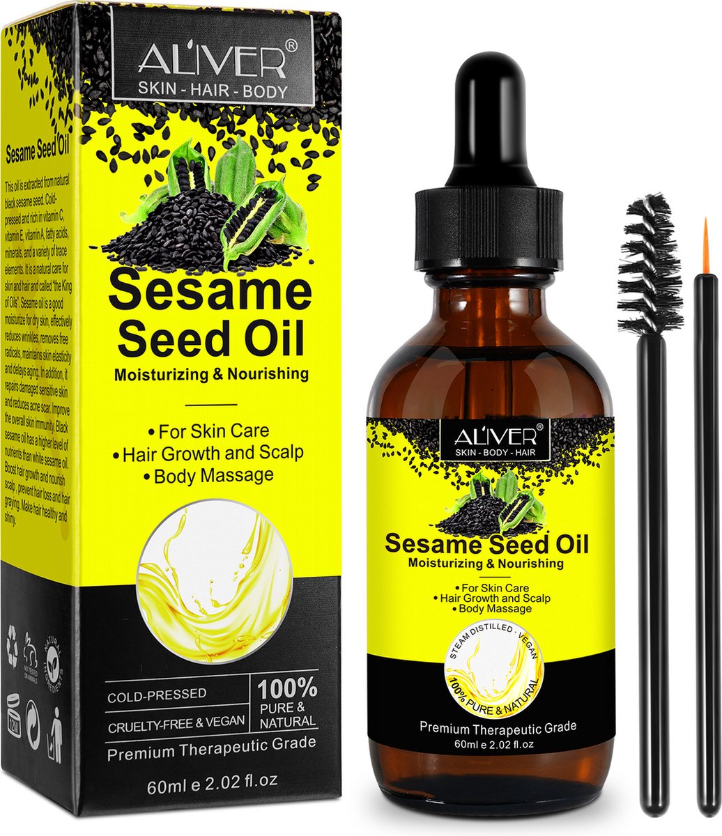 Aliver | Zwarte Sesam Zaad Olie voor Haar, Huid en Lichaam | puur & naturel | 60ml