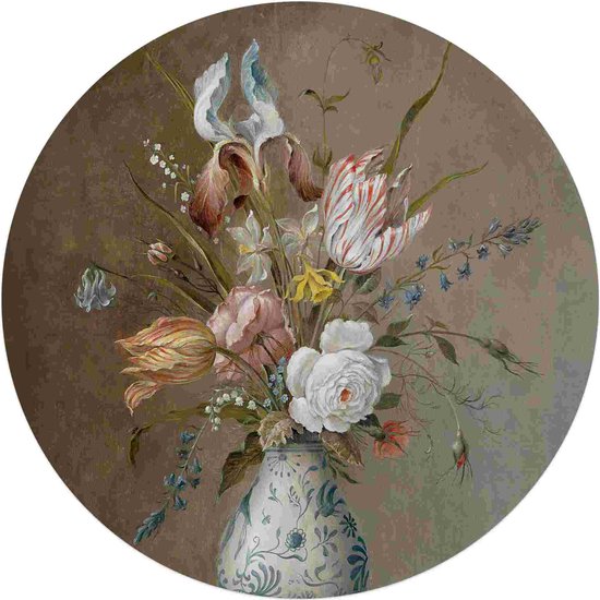 Glasschilderij Van der Ast Stilleven vaas met bloemen Ø 70 cm