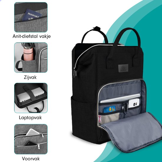 Zwarte rugzak, met anti-diefstal vakje, zijvak, laptopvak en voorvak.