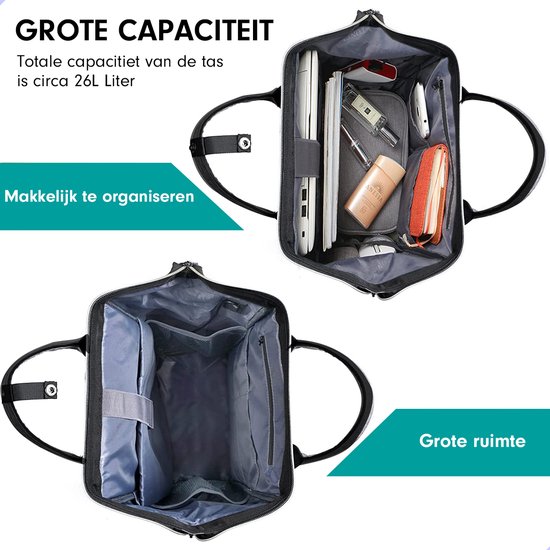Zwarte rugzak, open aan de boven- en onderkant, met de indeling en de grote capaciteit (26L) van de tas getoond.