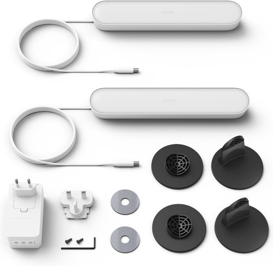 Barres lumineuses Philips Hue Play, adaptateur secteur, prises et matériel de montage.