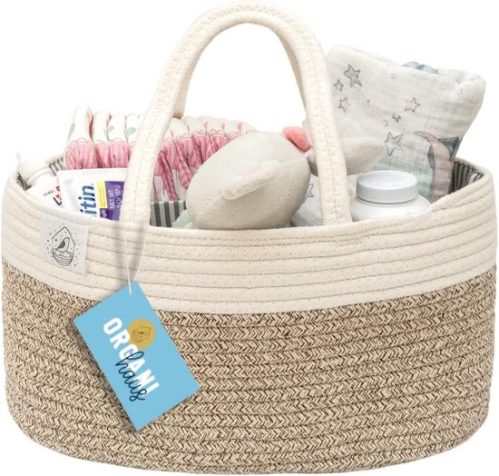 Organisateur Sac à Langer Bébé En Coton - Panier à Couches Avec Séparateurs, Poignées, 37x27x22cm, Blanc