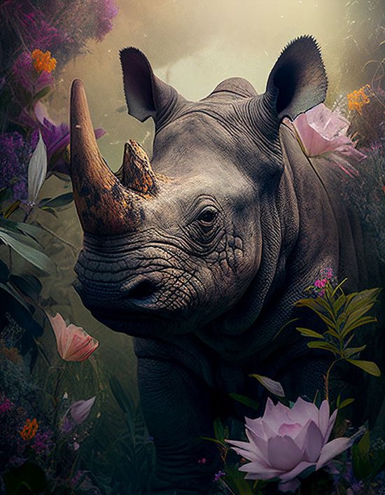 AI - Woondecoratie - Poster - Dieren - Neushoorn - Bloemen en jungle - 45 - 60 x 80 cm