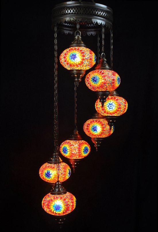 Lampe à suspension -rouge- verre - mosaïque - Lampe orientale - lustre - 7 boules