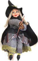 Décoration Halloween horreur poupée sorcière sur balai - 20 cm - noir/gris - Articles de décoration/fête