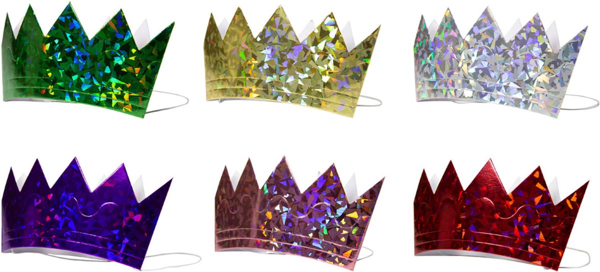 Folat - Meerkleurige Holografische Kroontjes - 6 stuks
