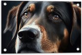 Tuinposter – Close-up van Kop van Bruin met Zwarte Hond - 60x40 cm Foto op Tuinposter (wanddecoratie voor buiten en binnen)