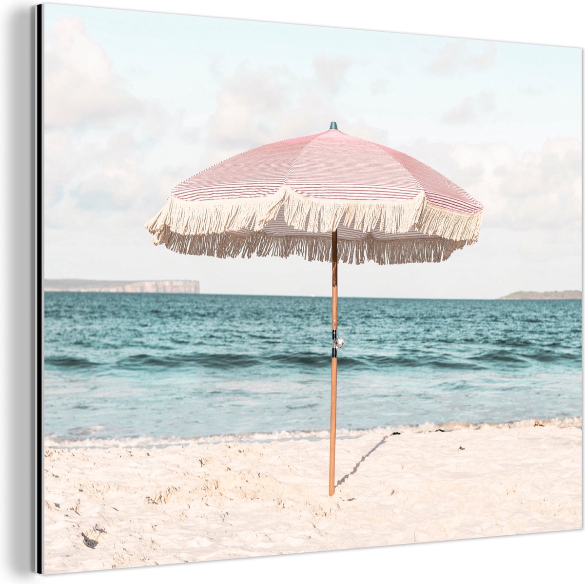 Wanddecoratie Metaal - Aluminium Schilderij Industrieel - Parasol - Strand - Zee - Wolken