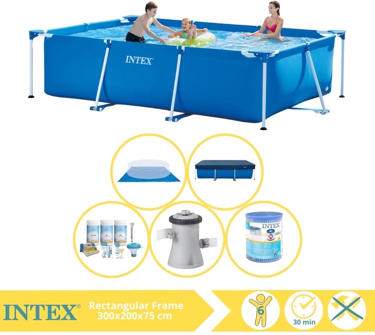 Intex Rectangular Frame Zwembad – Opzetzwembad – 300x200x75 cm – Inclusief Afdekzeil, Onderhoudspakket, Zwembadpomp, Filter en Grondzeil