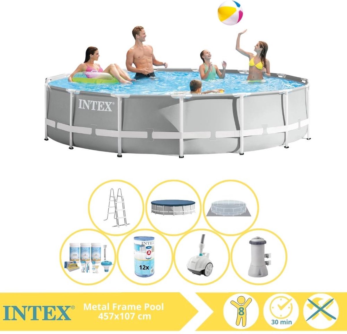 Intex Prism Frame Zwembad - Opzetzwembad - 457x107 cm - Inclusief Onderhoudspakket, Filter en Zwembad Stofzuiger