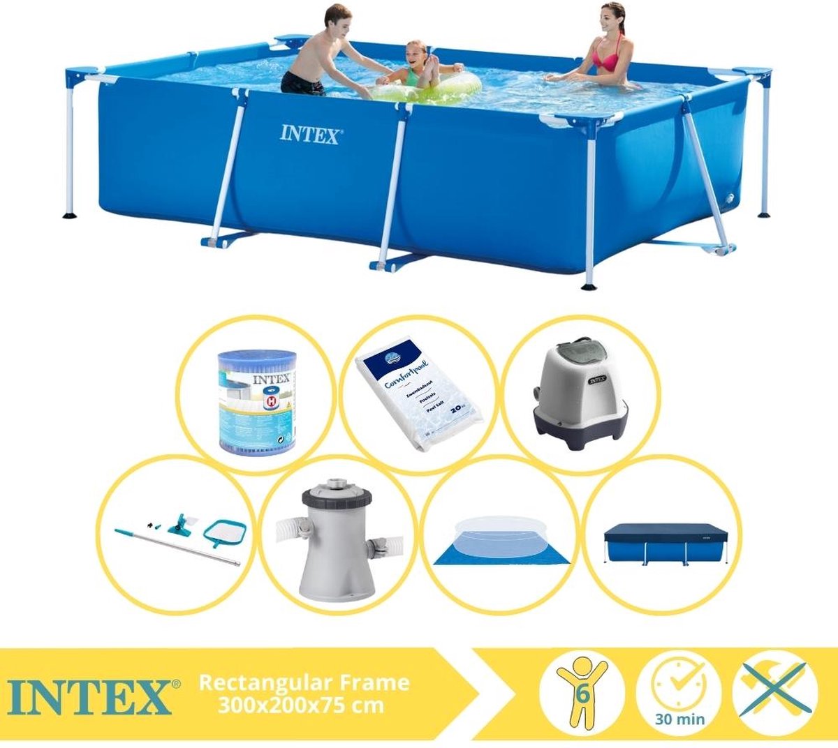 Intex Rectangular Frame Zwembad – Opzetzwembad – 300x200x75 cm – Inclusief Afdekzeil, Zwembadpomp, Filter, Grondzeil, Onderhoudsset, Zoutsysteem en Zout