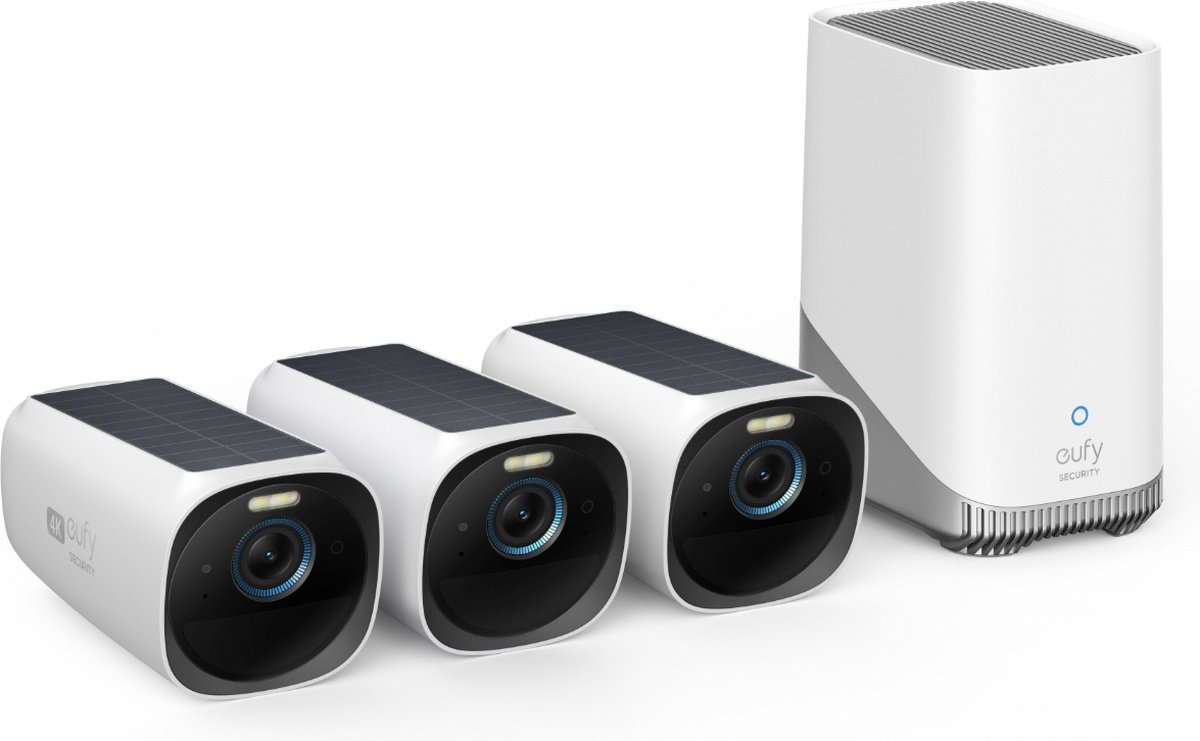 eufy Security - eufyCam 3 Set met 3 camera's - Zwart en wit,4K draadloos Beveiligingscamerasysteem met geïntegreerd zonnepaneel - AI gezichtsherkenning - Eufy
