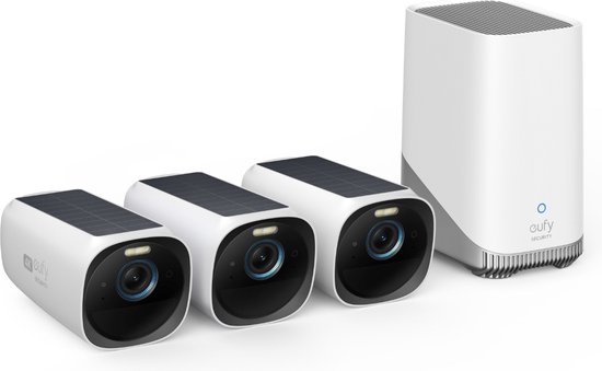 eufy Security - eufyCam 3 Set met 3 camera's - Zwart en wit,4K draadloos Beveiligingscamerasysteem met geïntegreerd zonnepaneel - AI gezichtsherkenning
