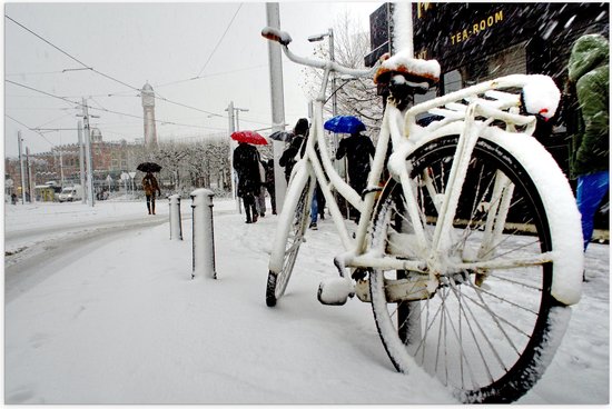 Poster Glanzend – Fiets Geparkeerd in Stad tijdens Sneeuwbui - 60x40 cm Foto op Posterpapier met Glanzende Afwerking