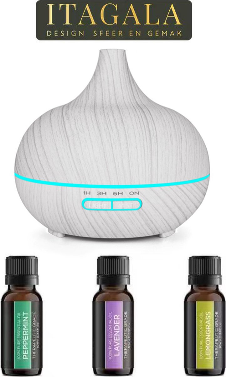 Goedkoopste Itagala Geurverspreiders | Aroma diffuser en 3 x Aroma Olie | Aromatherapie | Ultrasone etherische olie verdamper en vernevelaar | 550ml |Luchtverfrisser en luchtbevochtiger met sfeervolle LED verlichting | Met afstandsbediening | Wit
