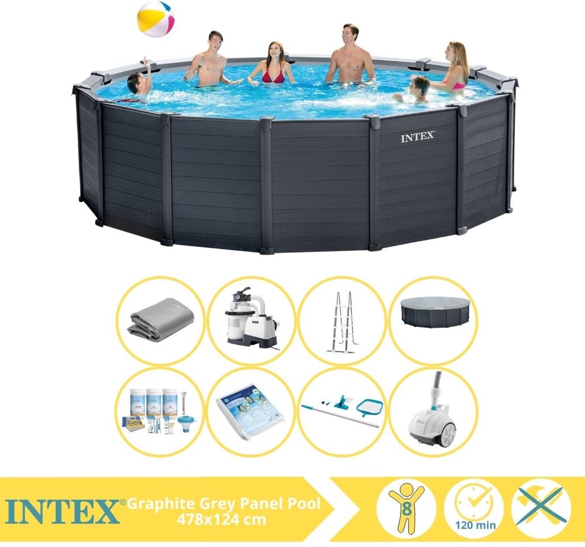 Intex Graphite Gray Panel Zwembad - Opzetzwembad - 478x124 cm - Inclusief Onderhoudspakket, Glasparels, Onderhoudsset en Zwembad Stofzuiger