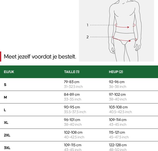 Maattabel met taille en heupomtrek voor herenondergoed. Meet jezelf voordat je bestelt.