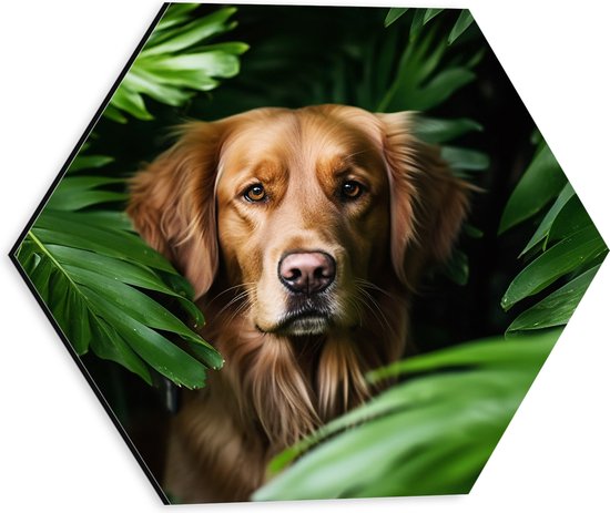 Dibond Hexagon - Close-up van Golden Retriever Hond tussen de Groene Palmbladeren - 30x26.1 cm Foto op Hexagon (Met Ophangsysteem)