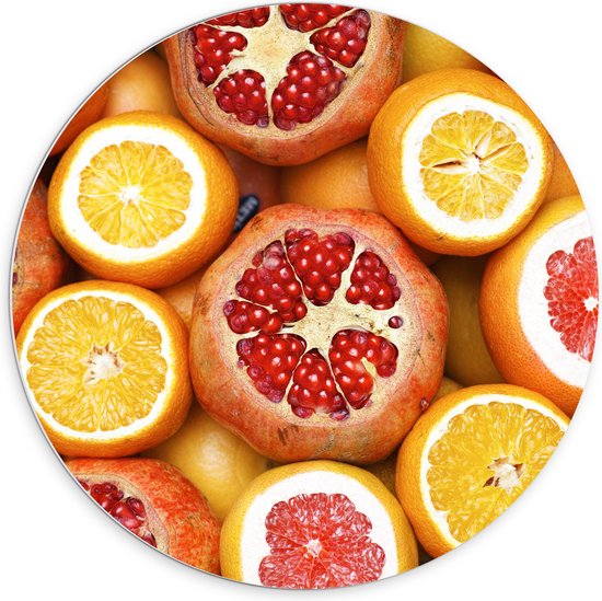 PVC Schuimplaat Muurcirkel - Achtergrond van Bloedsinasappels, Sinaasppels en granaatappel - 70x70 cm Foto op Muurcirkel (met ophangsysteem)
