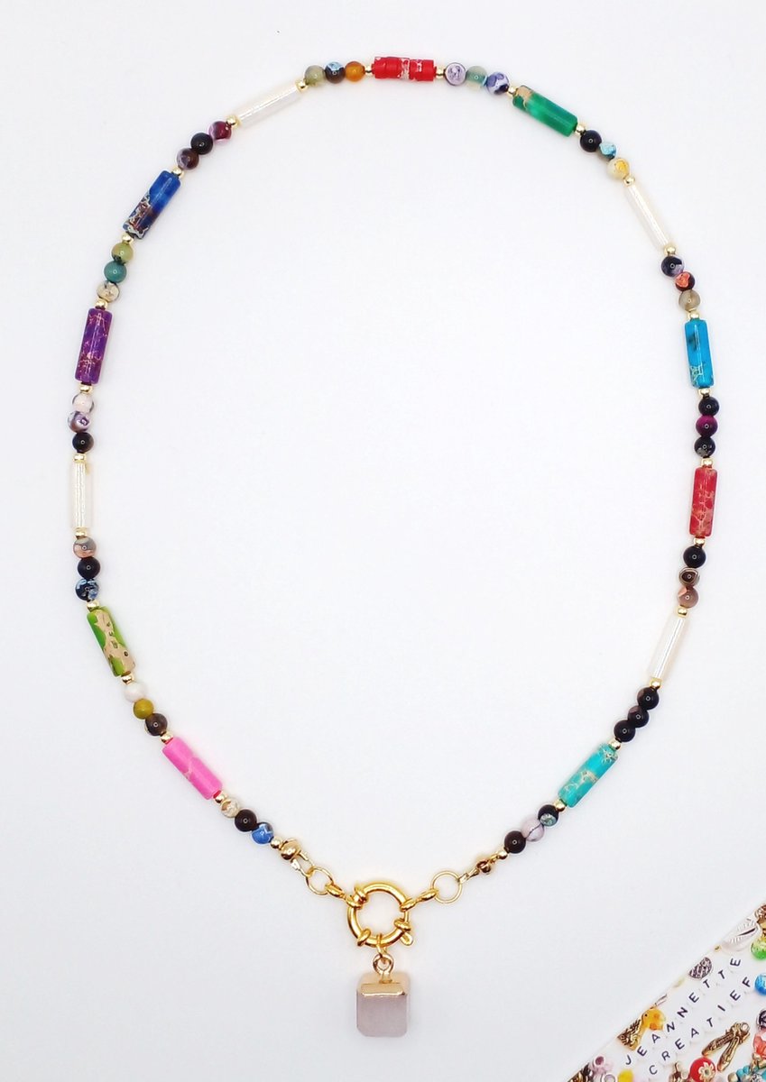 Jeannette-Creatief® - Natuursteen - Kleur Explosie - Ketting - Colourmix - Rainbow - Ketting Dames - Agaat - Jaspis Tube - Natuursteen ketting - Ketting Natuursteen - Natuursteen - Jaspis tube - tube kralen - witte tube schelpkralen